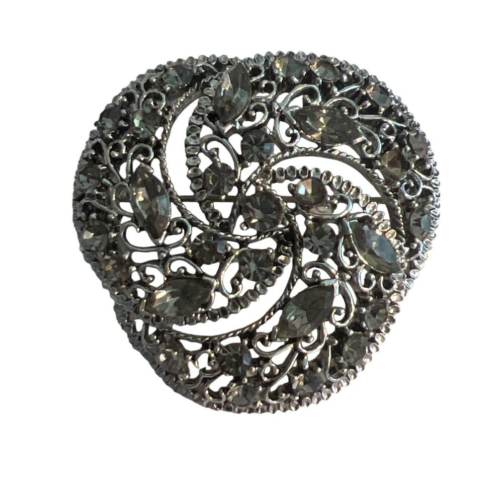 Vintage Silver Tone Swirl Floral Brooch Pin Rhinestones Filagree Open Work 2.25"